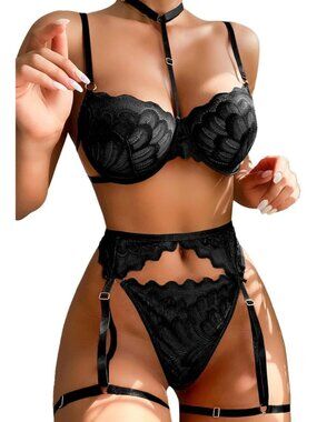 Women's Black Sexy Lingerie Set Push Up Lace Garter Belt Bra And Panty Set